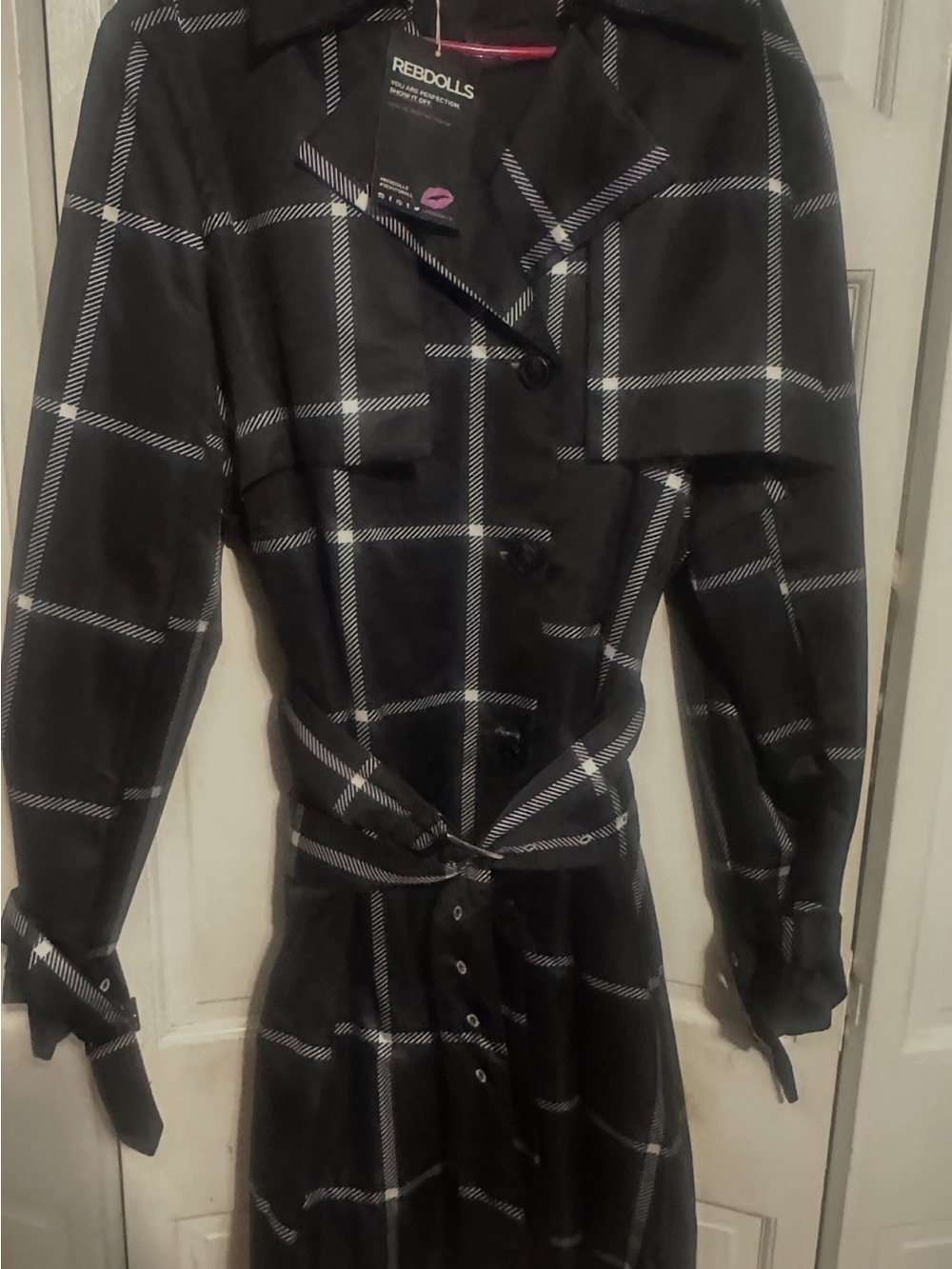 Rebdolls Black Windowpane Belted Long Sleeve Dress, Satin